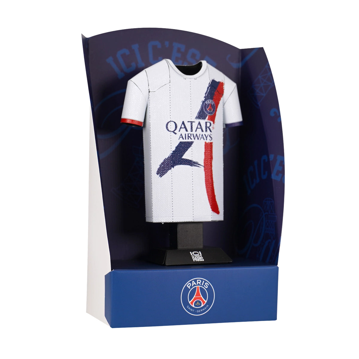 Paris Saint-Germain football shirt in a display case with Qatar Airways branding.