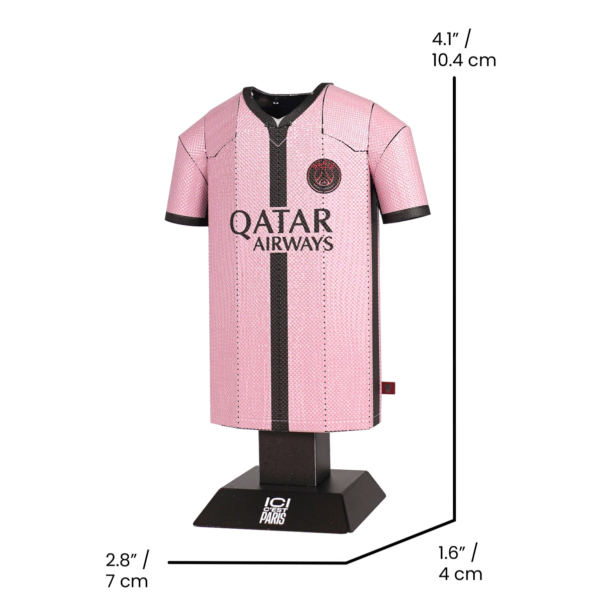 Pink sports jersey with 'Qatar Airways' branding on a black stand, with measurements indicated.