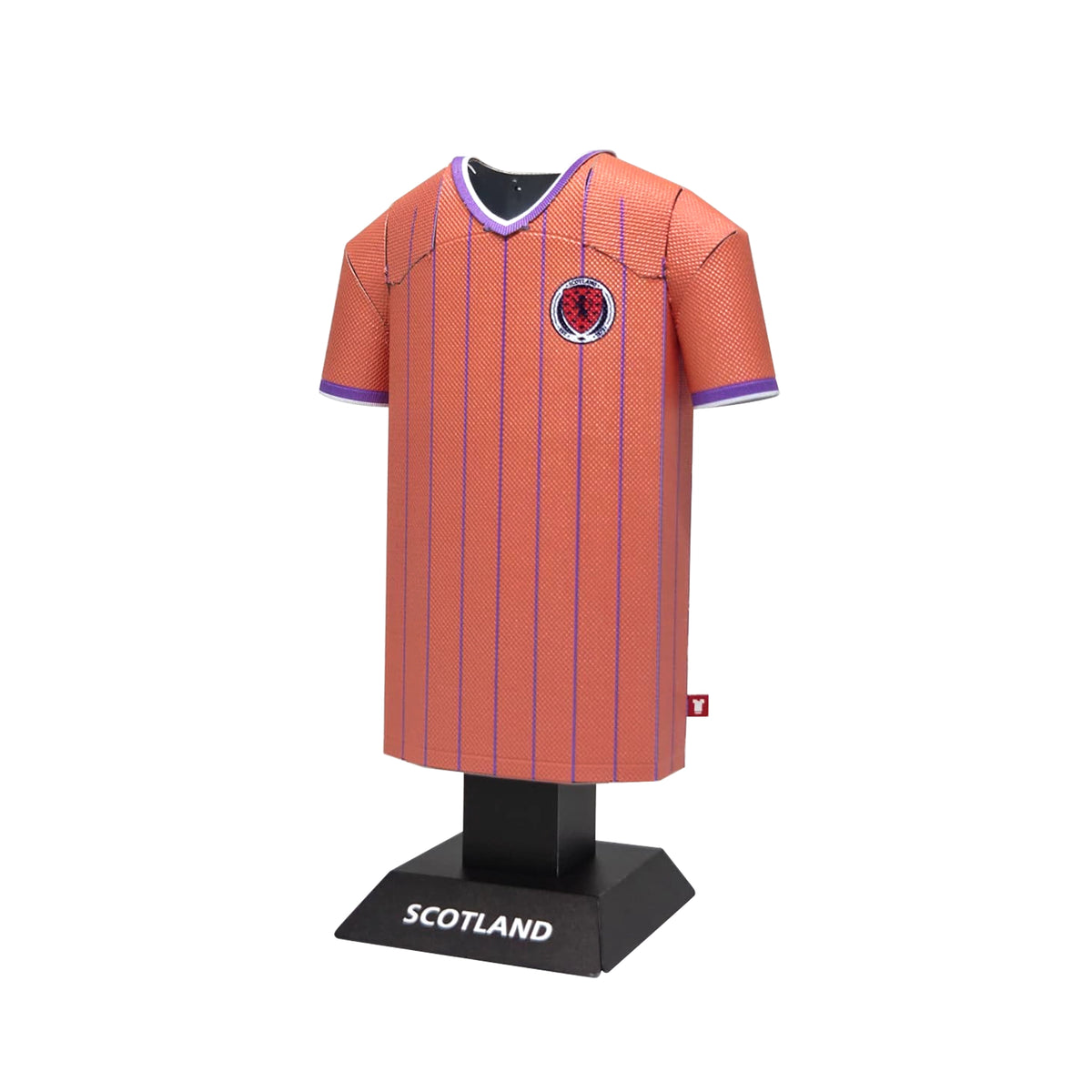Orange and purple striped sports jersey on a black stand with 'Scotland' text, on a white background