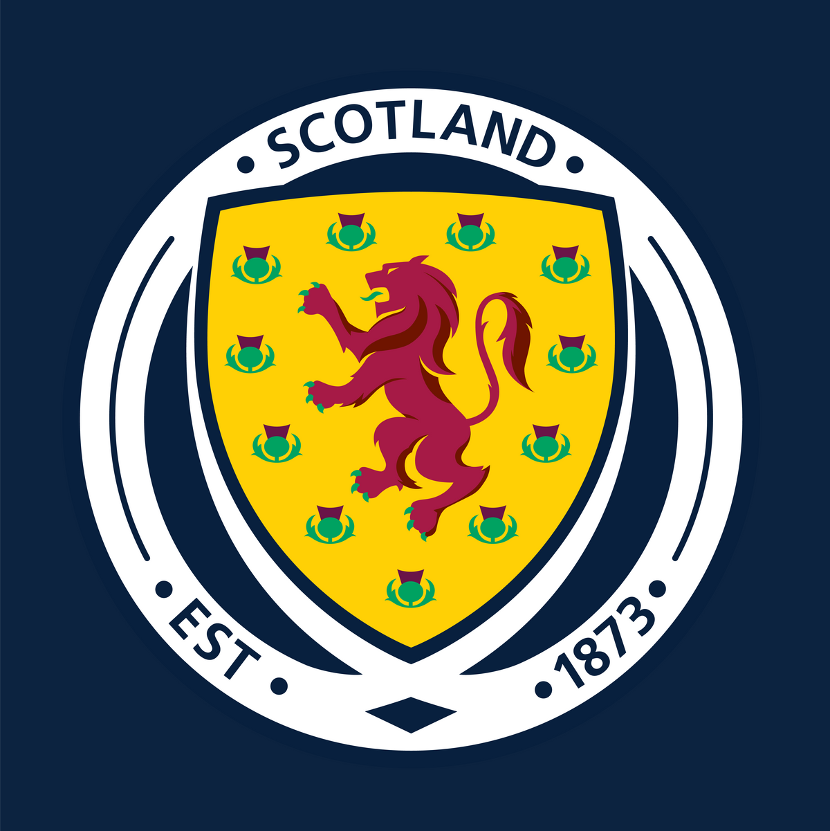 Scottish lion emblem with 'Scotland' text on a dark blue background
