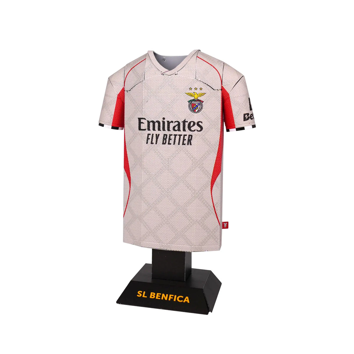 SL Benfica sports jersey on a mannequin with Emirates branding on a white background