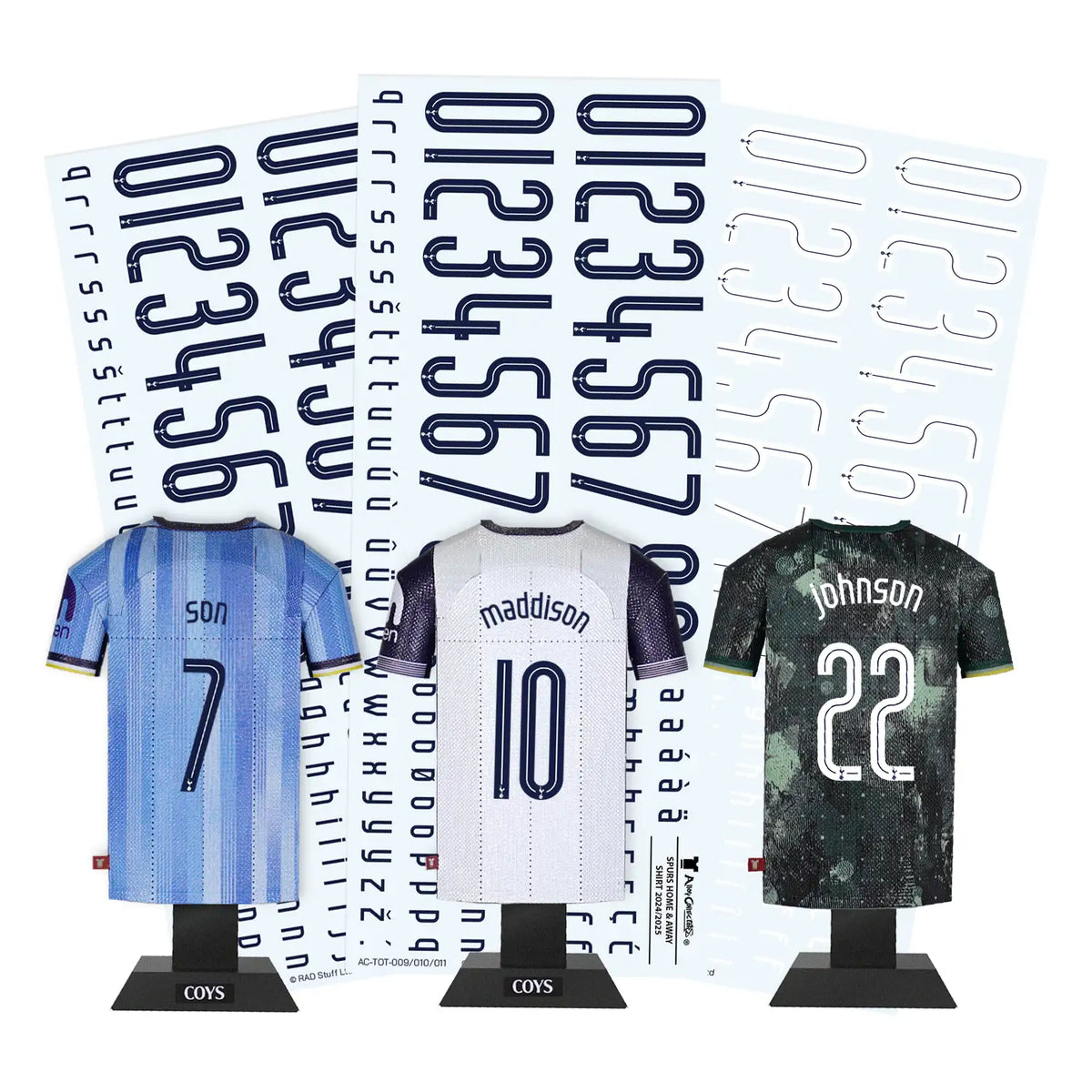 Three sports jerseys on mannequins with number and name decals against a white background