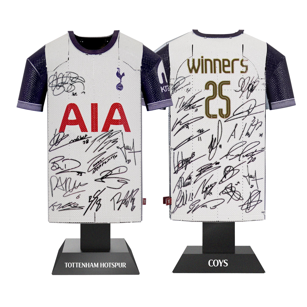 Signed Tottenham Hotspur football jersey on a display stand with visible branding and signatures.