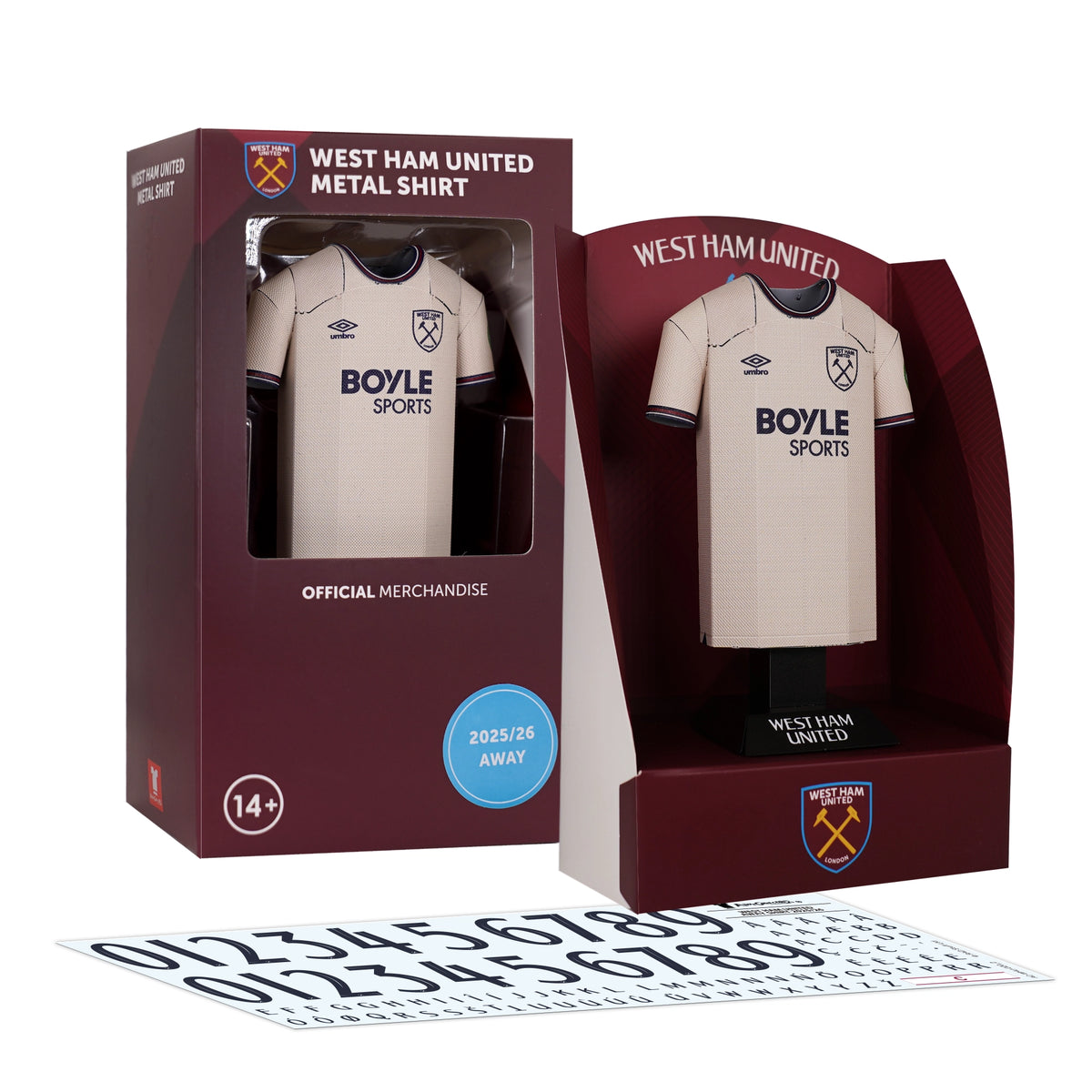 West Ham United metal shirt in packaging with visible branding and design details.