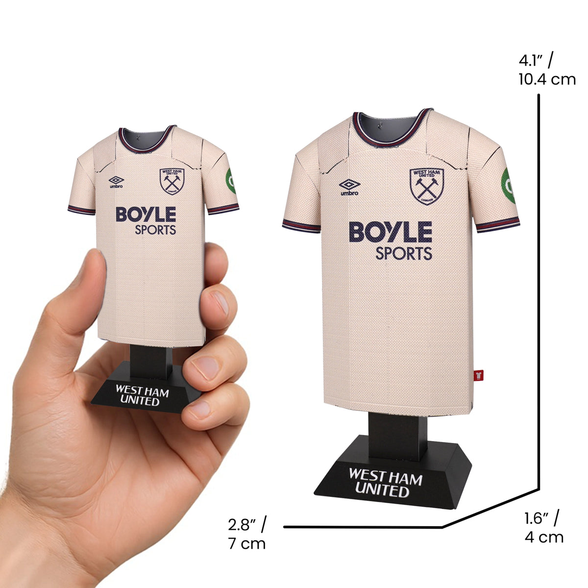 Model of a West Ham United sports jersey held by a hand with measurements displayed.