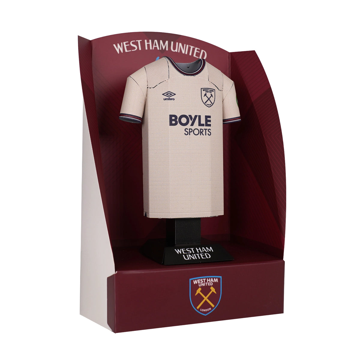 West Ham United sports jersey in a display case with branding.