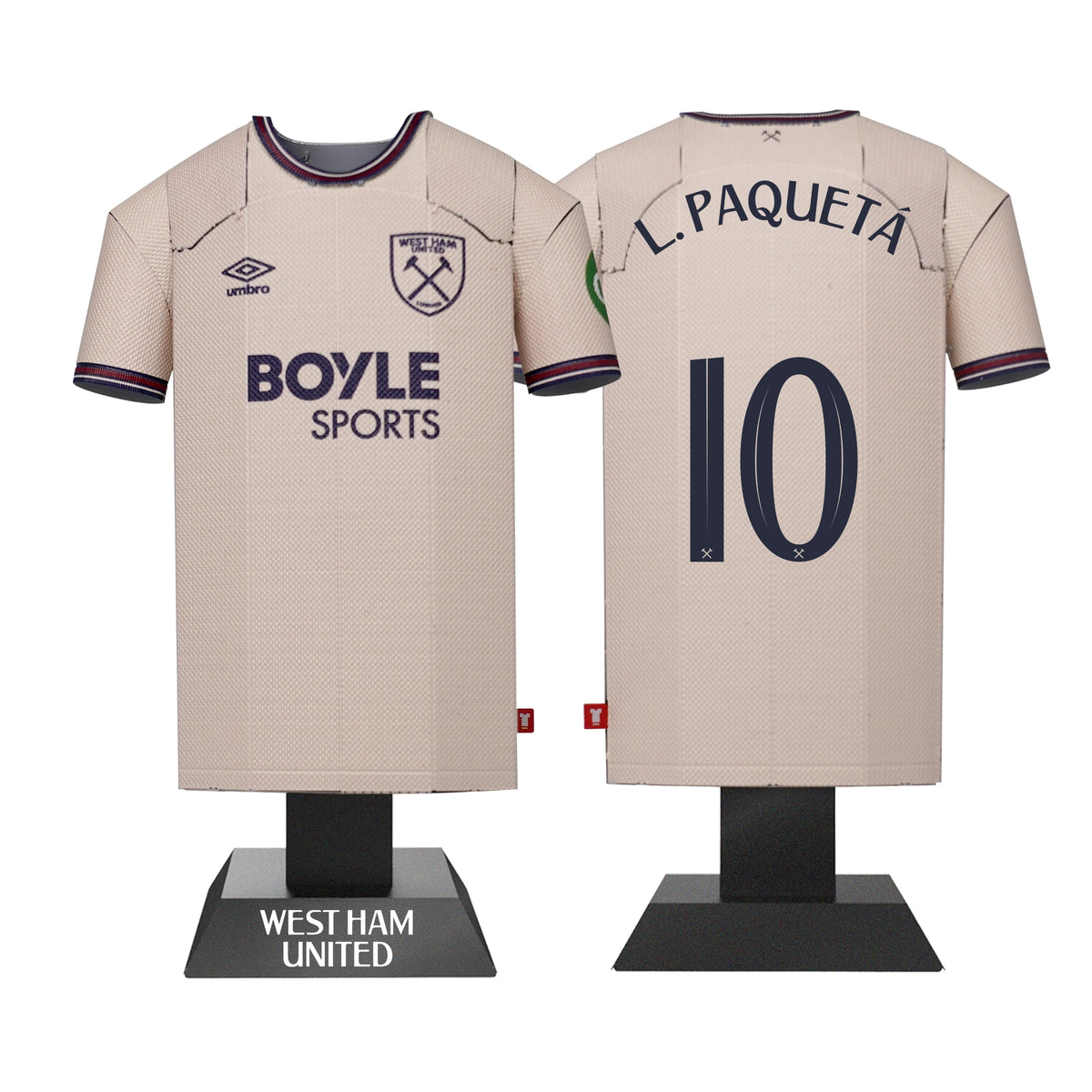 Beige sports jersey with branding and player name on a stand