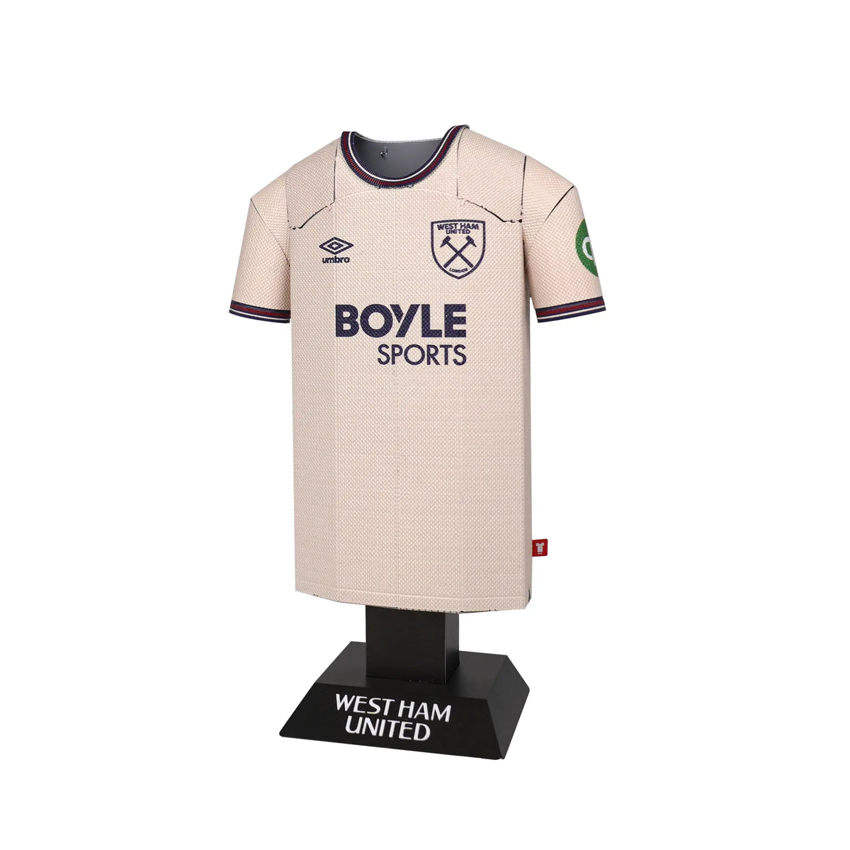 Beige sports jersey on a black stand with 'Boyle Sports' and 'West Ham United' branding.