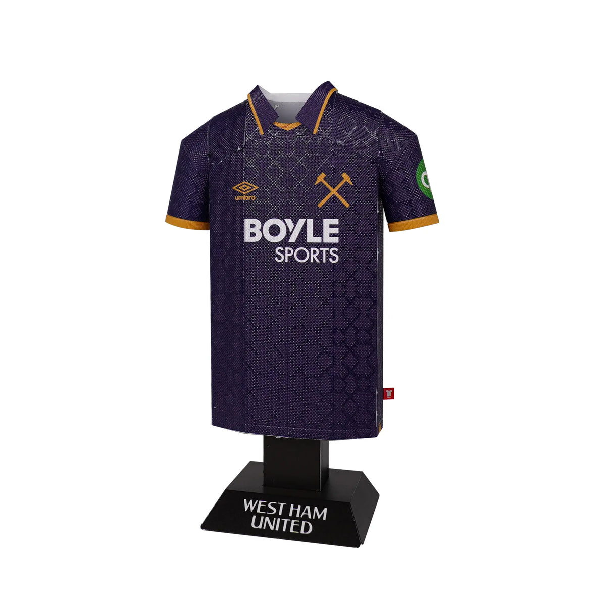 West Ham United football shirt on a mannequin with 'Boyle Sports' branding on a white background