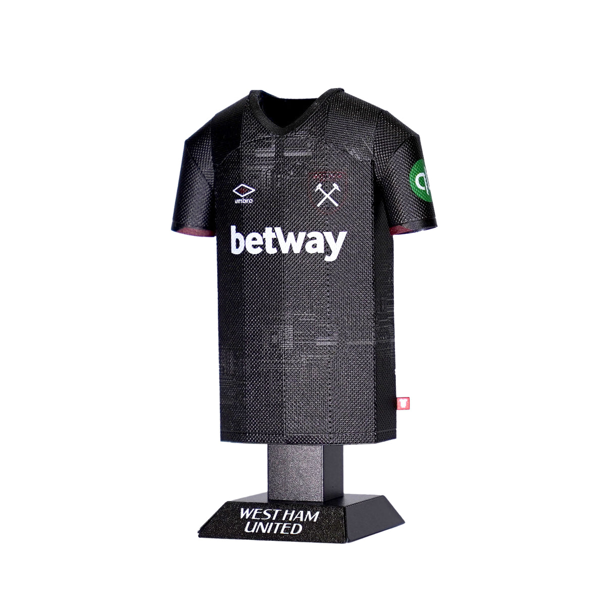 Black sports jersey with branding on a white background