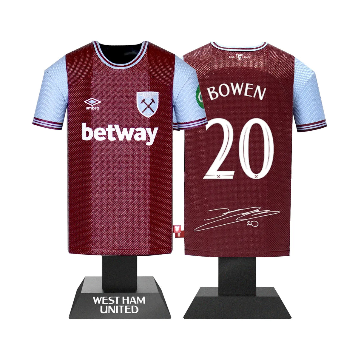 A 3D metal collectible set showing both the front and back views of a West Ham United FC 2024/2025 home jersey, featuring the name Bowen, the number 20, and a printed digital signature on the back.