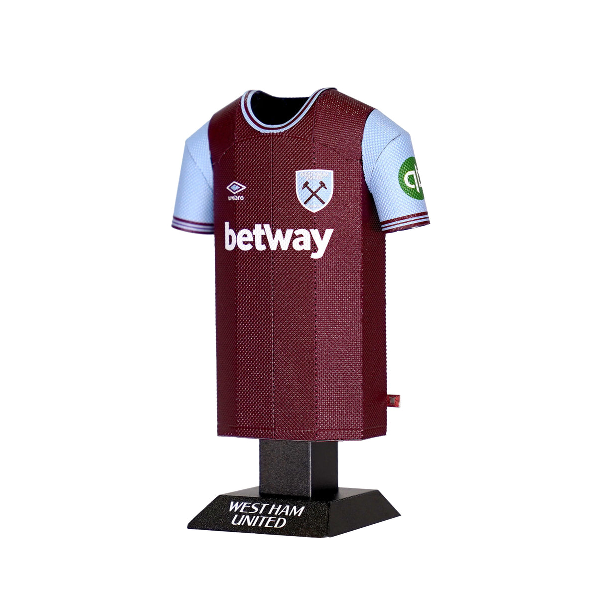 Maroon and light blue sports jersey with 'betway' and 'West Ham United' branding on a white background