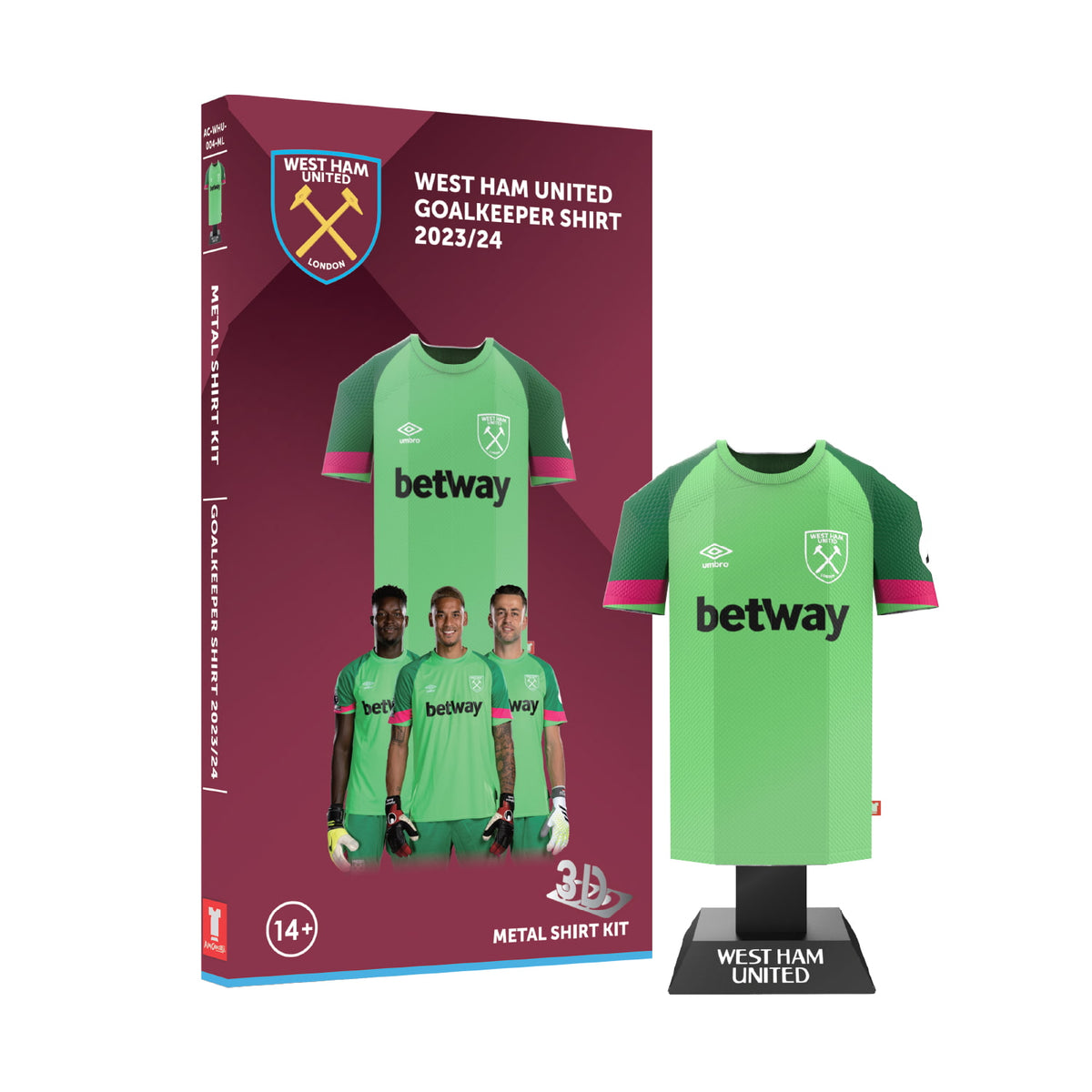 Main product display showing a light green West Ham United 2023/2024 men's goalkeeper jersey collectible mounted on a stand alongside its premium branded presentation box