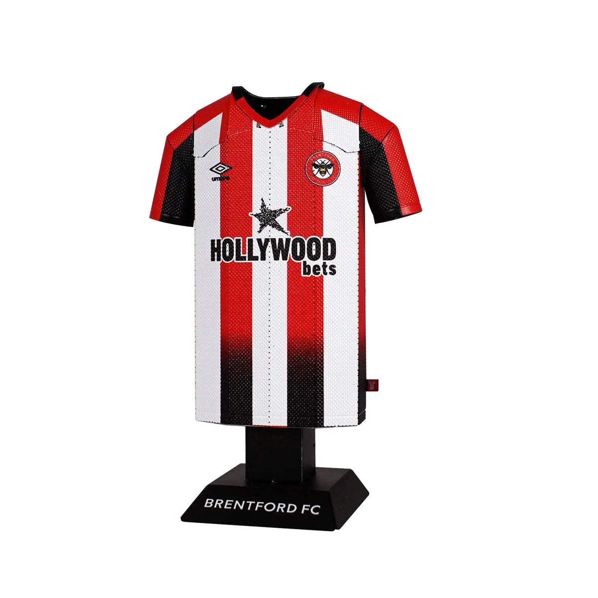 Model of a red, white, and black striped sports jersey with 'Hollywood Bets' and 'Brentford FC' branding on a white background.