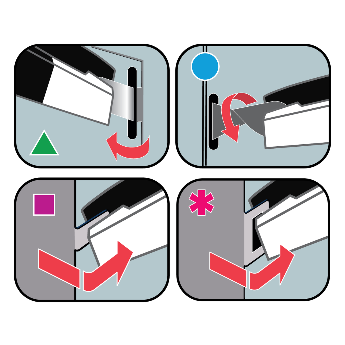 A matrix panel layout displaying four illustrative icons with instructional diagrams that guide the user through bending, shaping, and interlocking steps