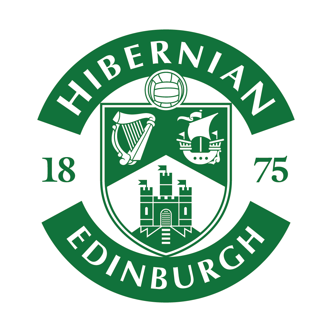 Official Hibernian FC crest featuring a green and white circular emblem with a harp, castle, and ship design, presented on a transparent background.