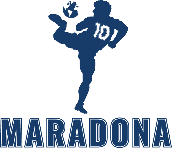 Silhouette of a soccer player kicking a ball with 'MARADONA' text below on a white background